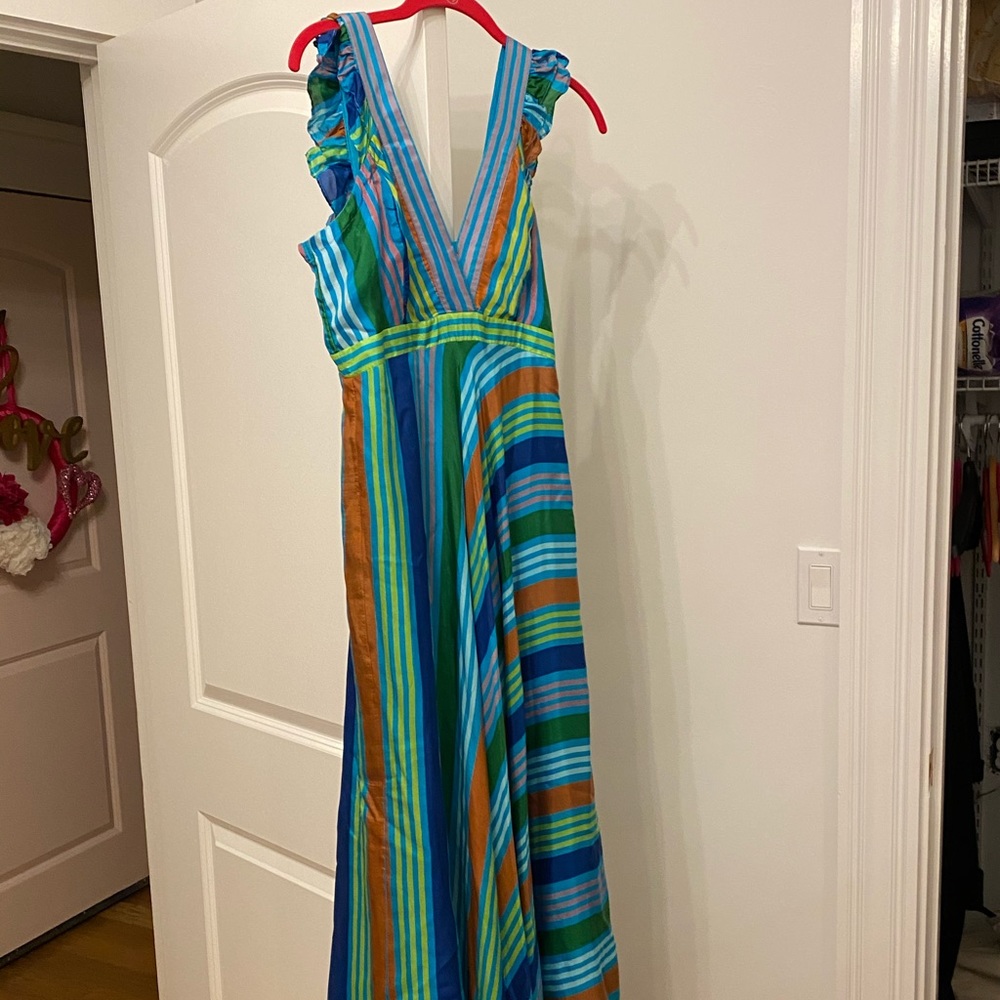 Multi colored striped dress with ruffle detail